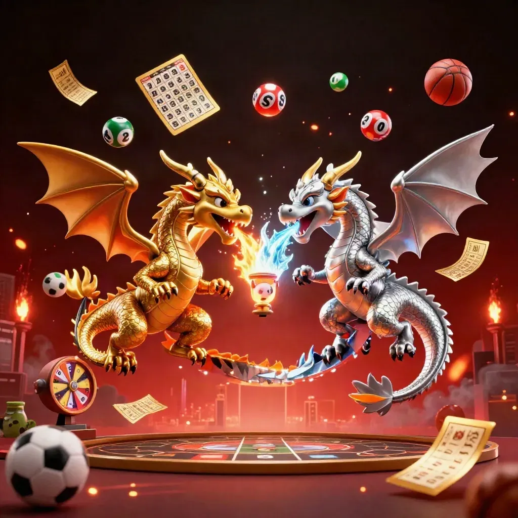 Gold and silver dragons clash in fire and ice above casino balls and a prize wheel.