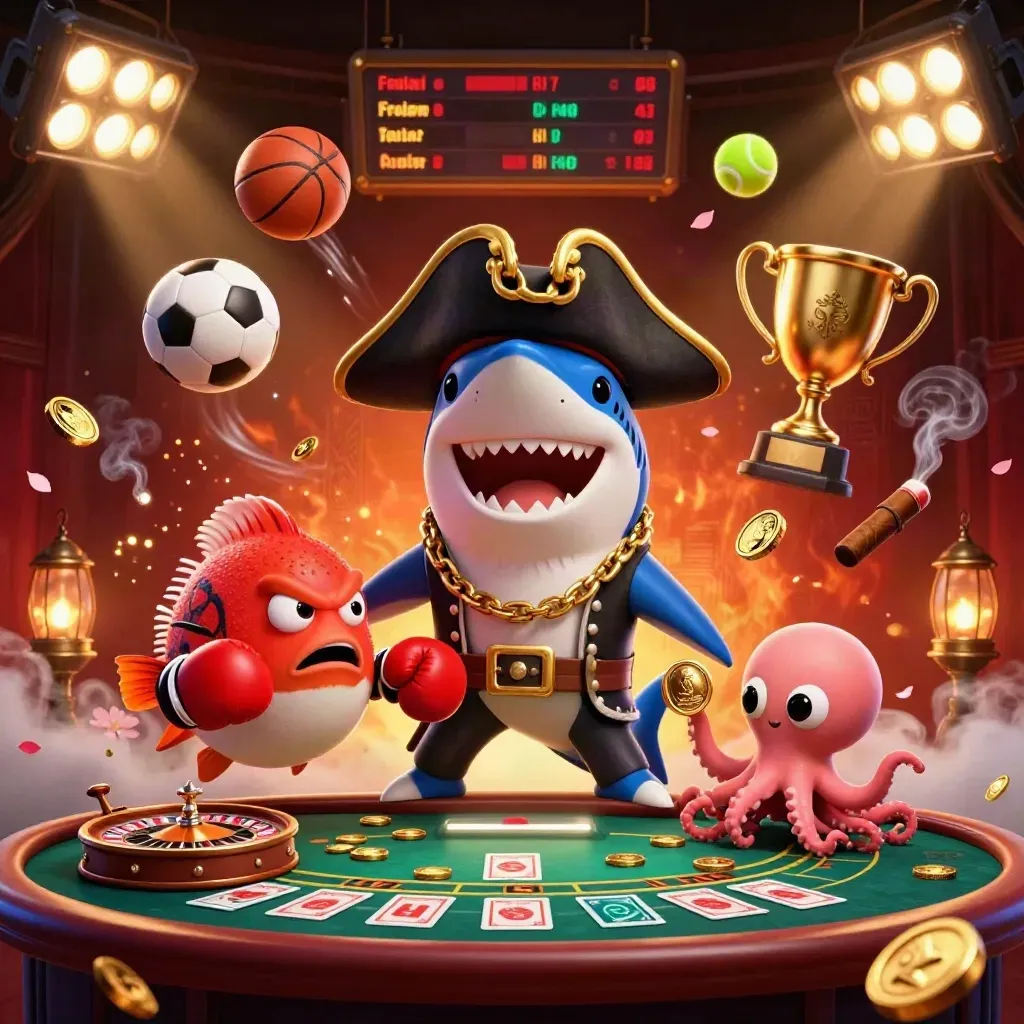 Shark pirate, boxing pufferfish, and coin-juggling octopus in a neon casino splash screen.