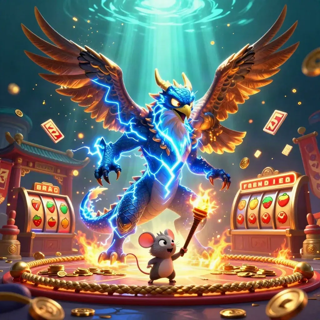 Thunder dragon, wind hawk and crackling mouse amid casino relics, gold coins and blue lightning.