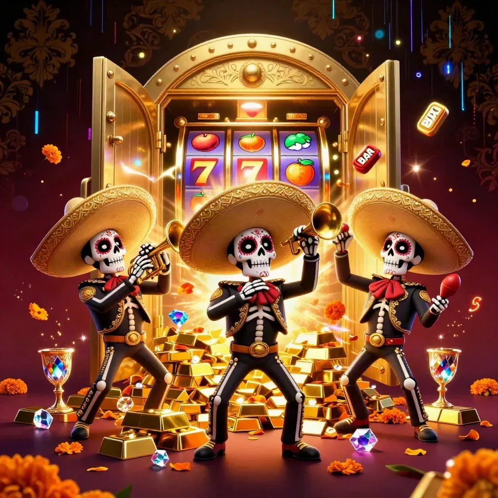 Skeleton mariachi trio opens a gold vault amid gems, neon energy, and casino riches.