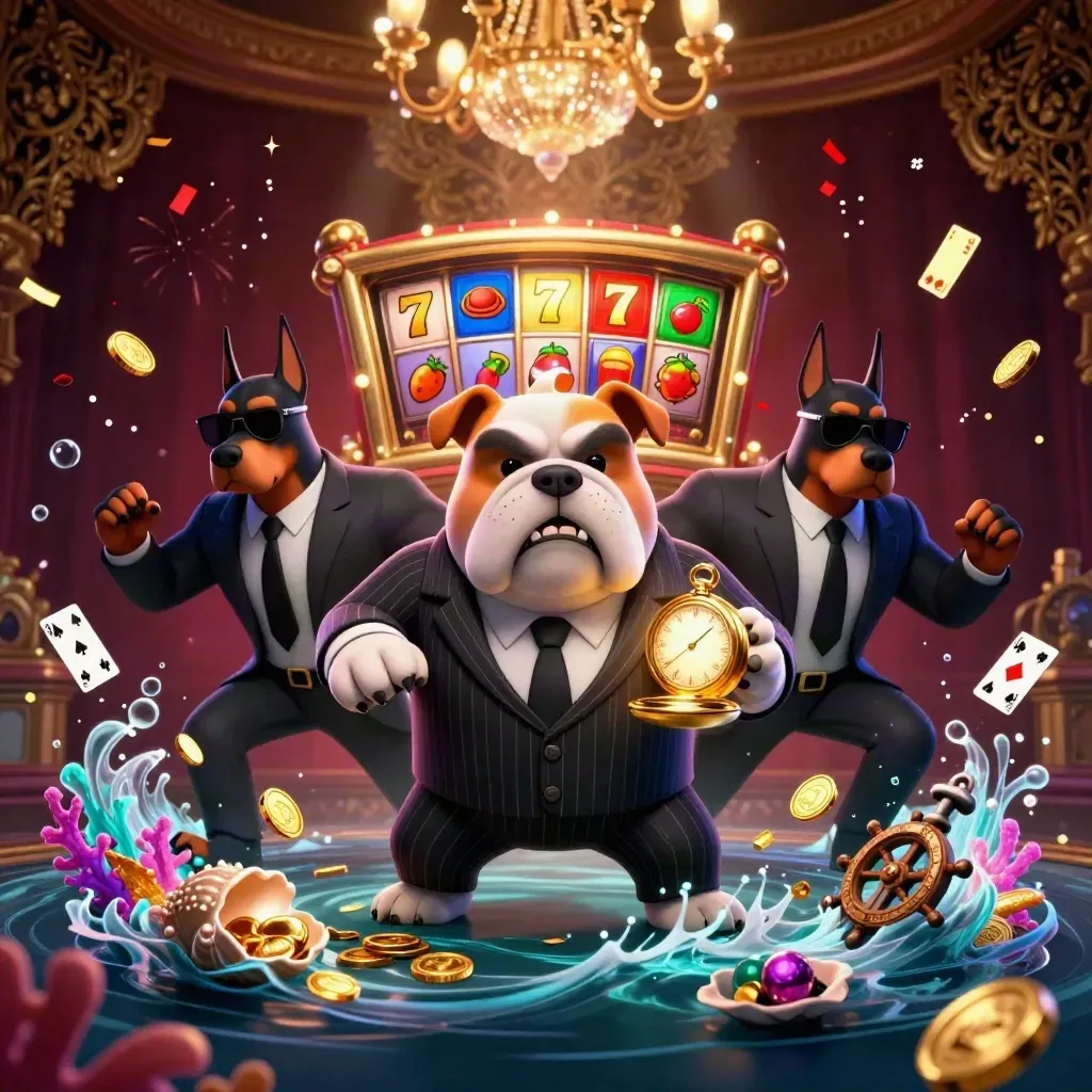 Bulldog boss and Dobermans amid treasure cove coins, coral, cards, confetti and gold glow