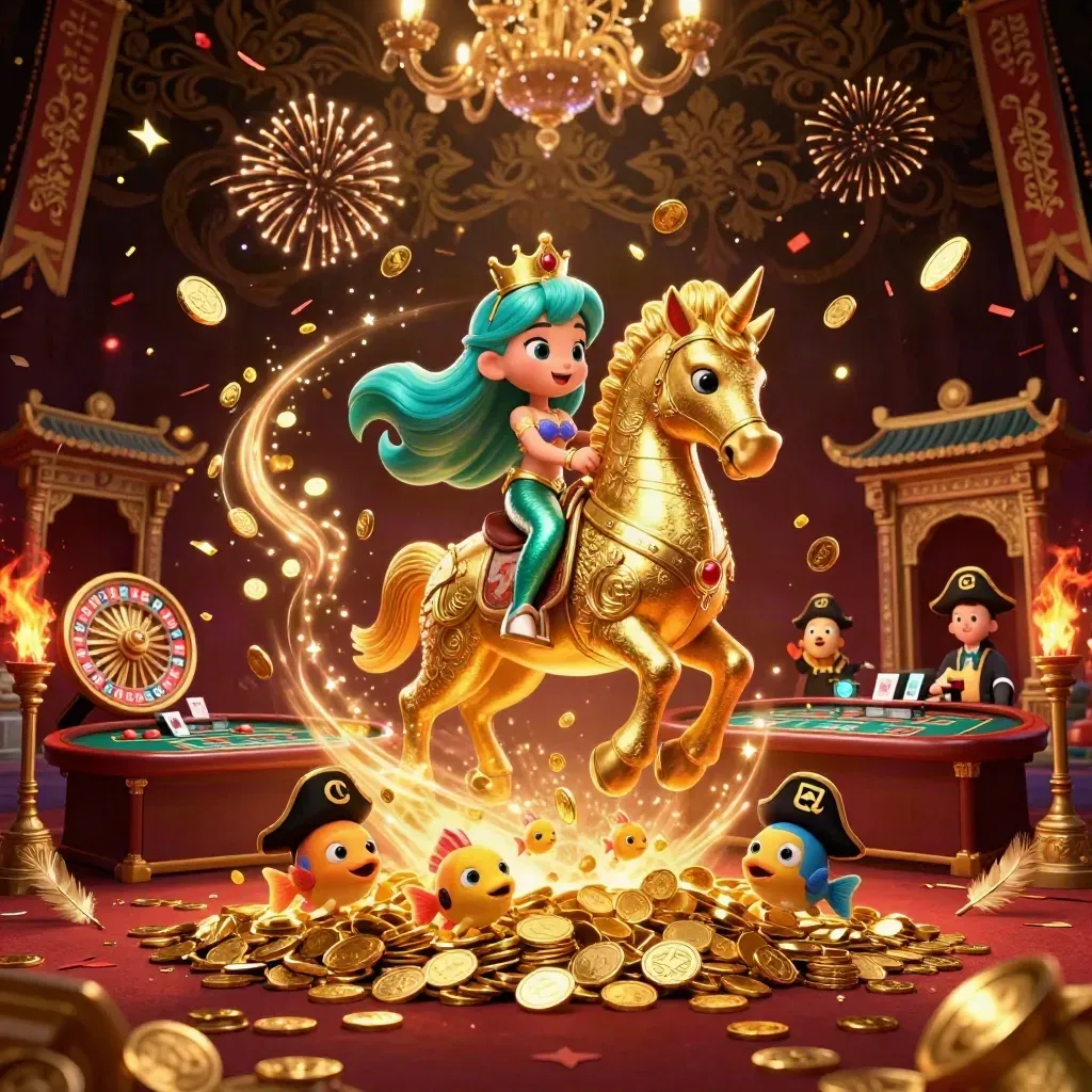Mermaid princess on armored seahorse amid coins, fireworks, roulette wheel and casino magic