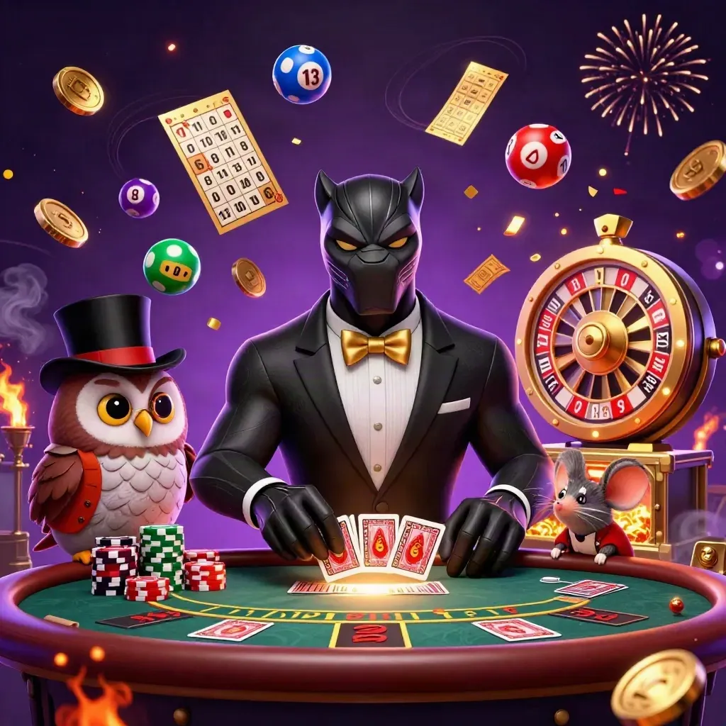 Panther, owl, and mouse celebrate blackjack jackpots amid coins, cards, and neon casino effects.
