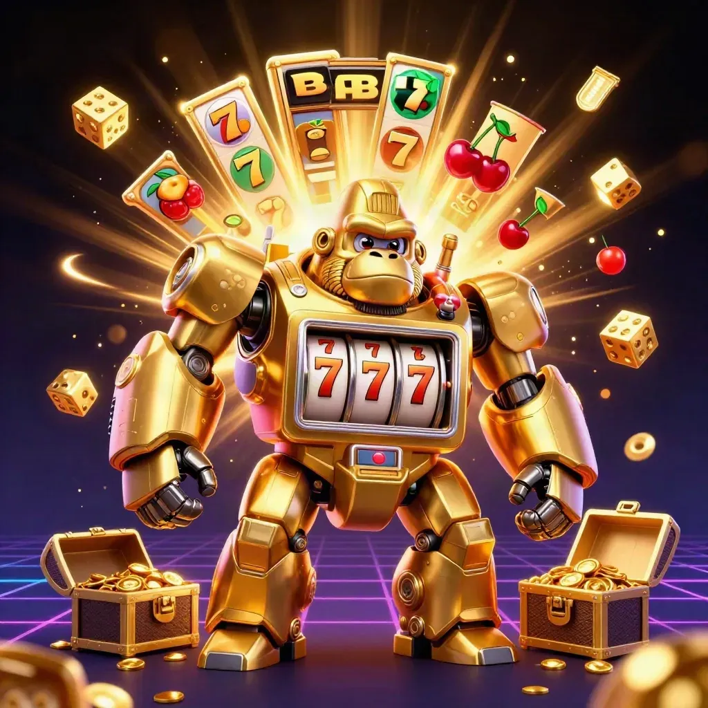 Golden gorilla slot-mech with monkey pilot, jackpots, dice, gold, and neon casino glow